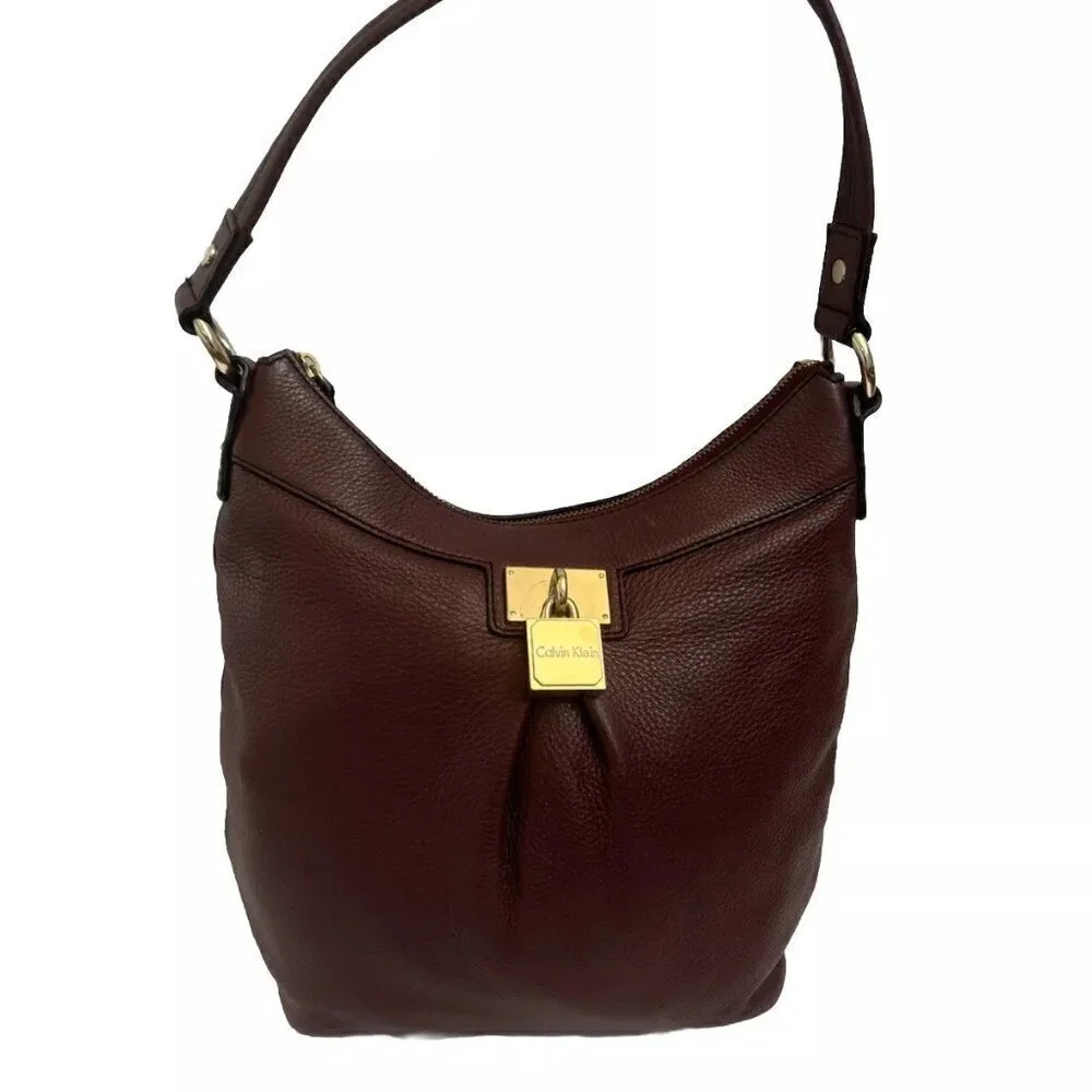 Calvin Klein Handbag Leather Satchel Burgundy Wine Shoulder Bag Tote Purse Fully